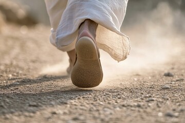  Close-up of pilgrim's feet walking on sacred journey to Hajj, symbolic travel and spiritual devotion concept