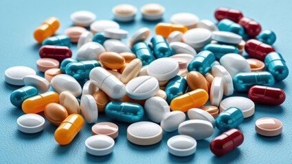 A Scattered Pile Of Colorful Pills And Tablets On A Vibrant Blue Surface, Symbolizing Healthcare, Medicine, And Pharmaceutical Concepts, Representing Modern Treatment And Medical Solutions.