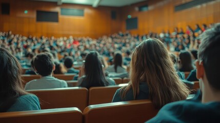 Fototapeta premium A university lecture hall filled with students taking notes during class, University, Engaged and academic