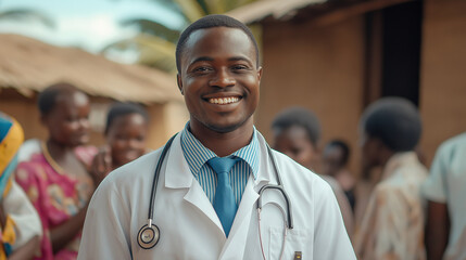 Smiling doctor brings healthcare to rural Africa warm lighting blurred background