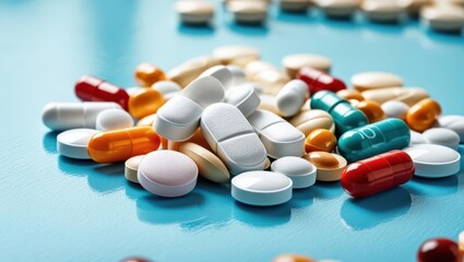 A Scattered Pile Of Colorful Pills And Tablets On A Vibrant Blue Surface, Symbolizing Healthcare, Medicine, And Pharmaceutical Concepts, Representing Modern Treatment And Medical Solutions.