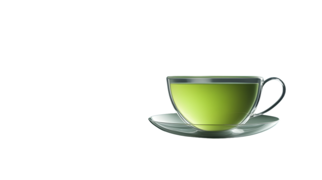 A glass cup filled with green tea on a saucer perfect for health and wellness themes