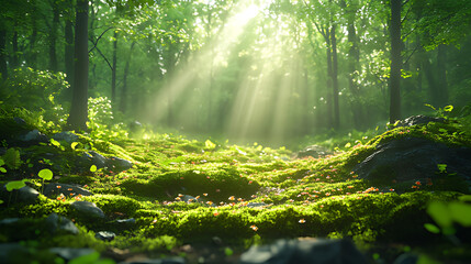 Obraz premium Sunbeams illuminate mossy forest floor, nature background, idyllic scene