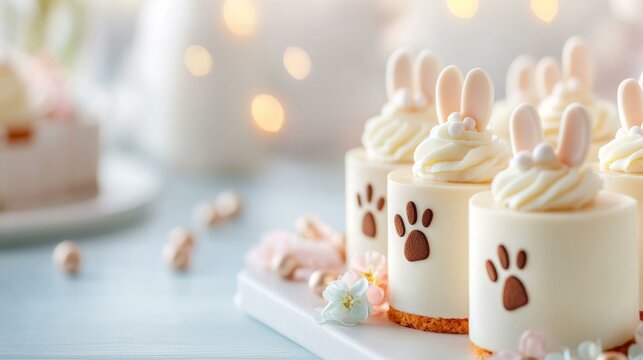  Easter themed cakes with bunny ears and paw prints on festive background, ideal for holiday dessert promotions