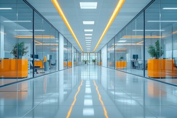  Modern office hallway with pristine glass walls and floors, bright orange decor, emphasizing cleanliness and design