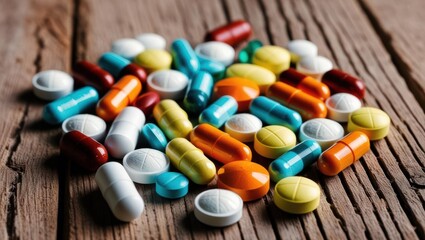 Assorted Pills Scattered On A Wooden Table, Showcasing Various Medications In Different Shapes And Colors, Symbolizing Healthcare, Treatment, And The Pharmaceutical Industry.