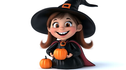A girl in a witch costume holding two pumpkins. AI Generated