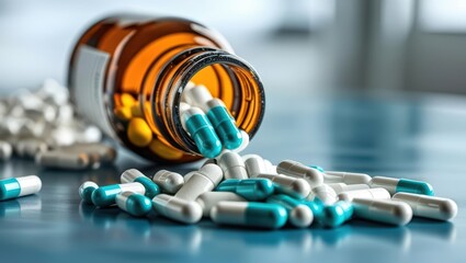 Capsules And Pills Spilling From A Brown Bottle Onto A Table, Representing Modern Medicine, Pharmaceutical Solutions, And Prescriptions. Highlighting The Importance Of Healthcare And Treatment.