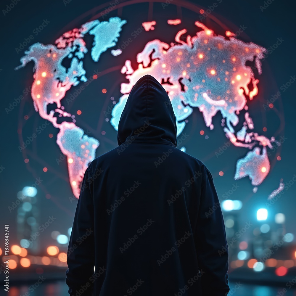 Poster silhouette of hacker hooded person stands before digital glowing globe, global cyber threats attacks