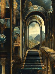 A grand, surreal architectural scene featuring ornate arches and staircases leading to a breathtaking mountainous landscape, infused with celestial elements and vibrant colors