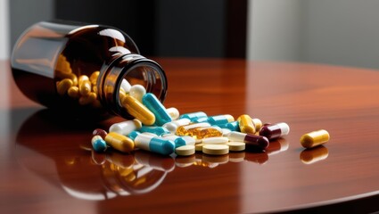 Capsules And Pills Spilling From A Brown Bottle Onto A Table, Representing Modern Medicine, Pharmaceutical Solutions, And Prescriptions. Highlighting The Importance Of Healthcare And Treatment.