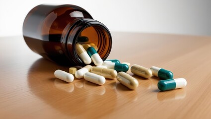 Capsules And Pills Spilling From A Brown Bottle Onto A Table, Representing Modern Medicine, Pharmaceutical Solutions, And Prescriptions. Highlighting The Importance Of Healthcare And Treatment.