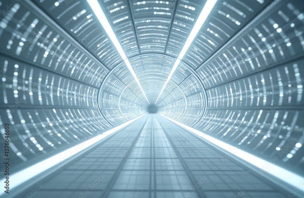 Poster Futuristic tech tunnel, bright white light. Grid, lines create advanced atmosphere. Digital abstract render shows innovation, modern, cyberspace. Ideal background, wallpaper, tech theme visuals.