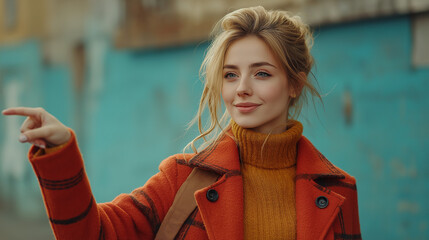 Stylish blonde woman points autumn fashion orange coat teal background soft light