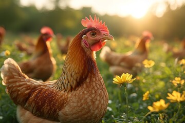 Chickens wander through a lush green landscape filled with blooming flowers, basking in the gentle sunlight of a lovely day Generative AI
