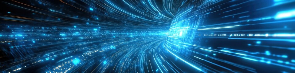 A mesmerizing blue and silver digital tunnel, showcasing streaks of light and energy flowing towards a luminous sphere, representing speed and technology in a futuristic environment