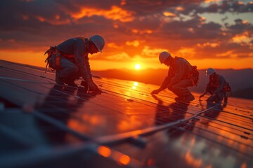 Workers install high-tech solar panels on a rooftop during sunset, actively promoting renewable energy solutions and sustainable practices Generative AI