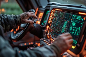 Operator maneuvers a high-tech tractor cockpit filled with advanced displays and controls, highlighting the innovative technology enhancing modern agriculture Generative AI