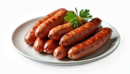 Delicious grilled sausages on white plate, isolated. Cooked meat, tasty BBQ snack. Culinary photo. Food blog, restaurant menu, cooking class illustration. Appetizing food, meat products, culinary