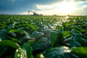 Obraz premium A giant pivot irrigation system waters a vibrant green crop field during sunset. Water droplets create a shimmering effect as the sun casts its warm glow Generative AI