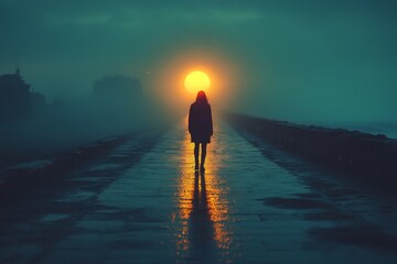 Fototapeta premium A person walks alone on a wet road as the sun sets in the background, creating a golden glow through the misty atmosphere. The scene captures solitude and serenity Generative AI