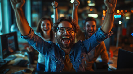 Ecstatic team celebrates victory arms raised high in a dimly lit office vibrant energy joyful