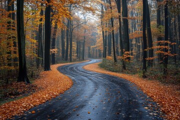 Obraz premium A winding road meanders through a dense forest filled with trees showcasing vibrant autumn leaves. A light mist adds a serene atmosphere to the scene Generative AI