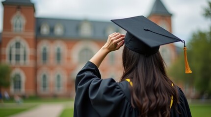 Close-up of a female graduate adjusting her mortarboard tassel, wearing a black graduation gown
