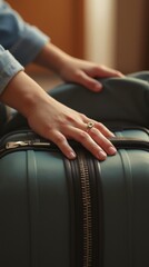 Fototapeta premium Close-up of a young woman’s hands packing a suitcase for college, warm colors, emotional vibe, great for storytelling or milestone imagery.