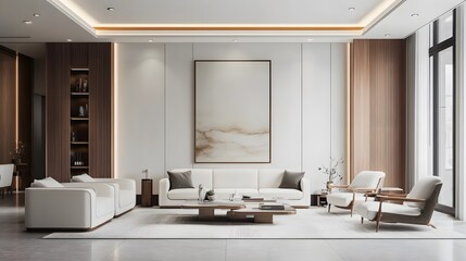 Modern White and Wood CEO Office with Vertical Poster Decoration