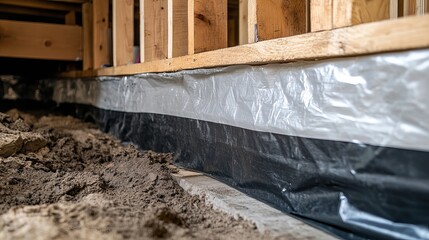 New Home Construction Basement Waterproofing Installation Process Detailed View Foundation Damp Proofing Membrane job wall soil dirt work real site   