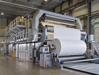 Large paper production machine in a high-tech industrial mill, processing rolls of paper 