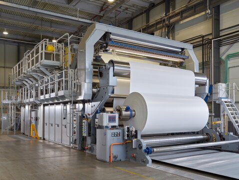 Large paper production machine in a high-tech industrial mill, processing rolls of paper 