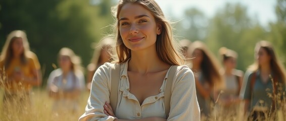 Young woman intern collaborating with a group in a summer park, photorealistic scene, perfect for internship or teamwork promotions.