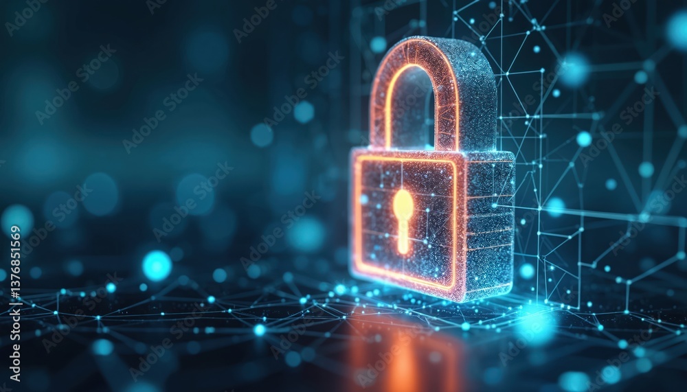 Poster illustration of digital security concept. lock symbol surrounded by network connections, neon glow e