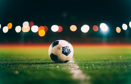 Soccer ball on a football field at night. Close up with bokeh lights in the background.