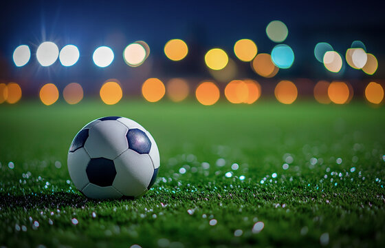 Soccer ball on a football field at night. Close up with bokeh lights in the background.