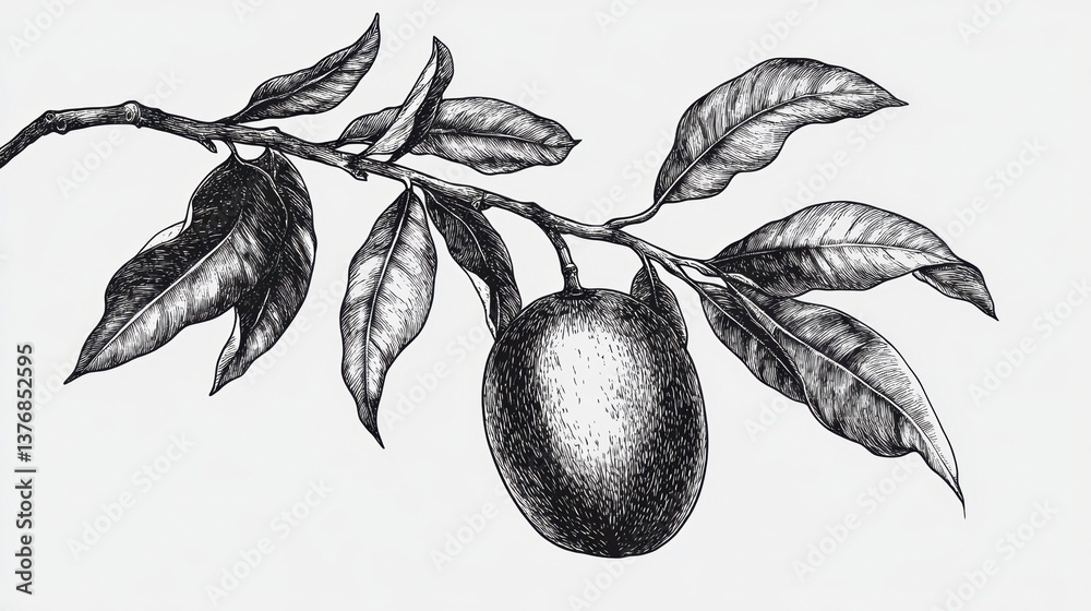 Poster monochrome ink drawing of a single fruit on a branch with leaves.