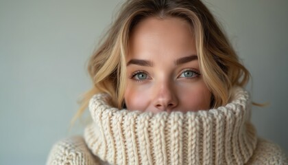 Close-up portrait of young woman face with blue eyes. Beautiful blond hair. She wears warm, cozy beige sweater. Winter fashion, warmth, comfortable, stylish look.