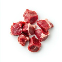 Fototapeta premium Tender goat meat, expertly cut and displayed against a clean white backdrop, perfect for culinary inspiration.