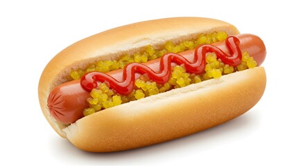 Delicious hot dog with ketchup, fluffy bun on white background