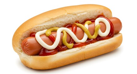 Delicious hot dog with ketchup mustard mayonnaise, fluffy bun on white background