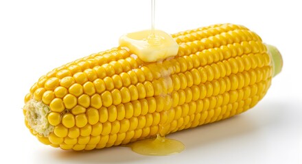 delicious corn on the cob with melting butter on a white background