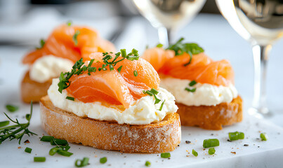 Appetizing bruschetta with cream cheese, smoked salmon and chives served with white wine on elegant table

