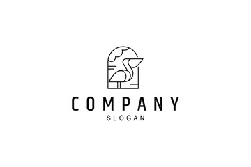 pelican bird logo with frame combination in line art design style