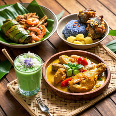 Nyonya Cuisine with Blue Rice and Spicy Curry on a Traditional Plate