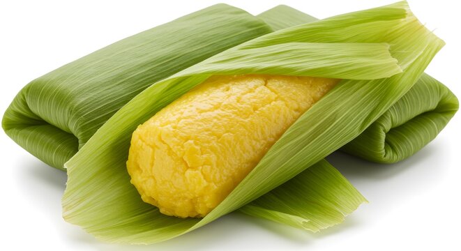 Delicious pamonha rolled in green corn husk, Brazilian Cural, candy corn and pamonha, white background. focus.