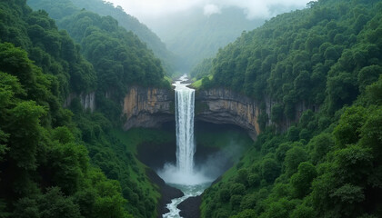 Majestic waterfall cascading through lush green forest, Spectacular aerial view  