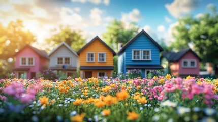 Colorful houses, spring flowers, sunny day, suburban neighborhood, real estate