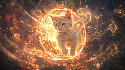 Transcendent feline levitation amidst shimmering ethereal energy and mystical symbols. Transcendent Rune. Illustration